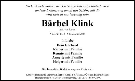 Traueranzeige von Bärbel Klink von Braunschweiger Zeitung