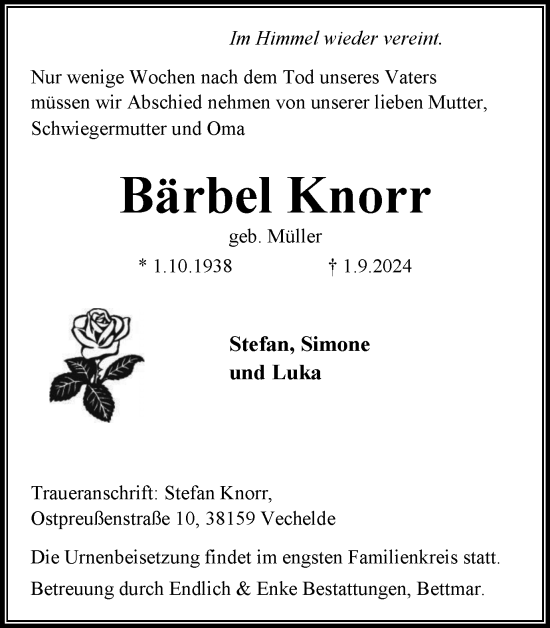 Traueranzeige von Bärbel Knorr von Peiner Nachrichten