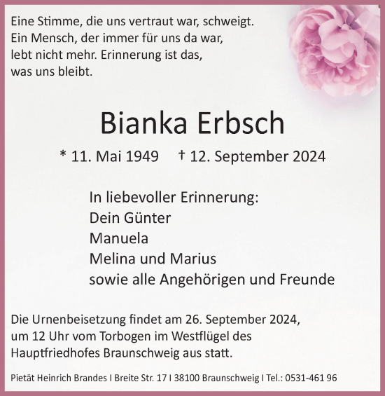 Traueranzeige von Bianka Erbsch von Braunschweiger Zeitung