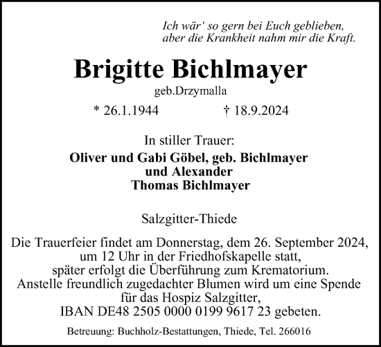 Traueranzeige von Brigitte Bichlmayer von Wolfenbütteler Zeitung