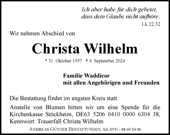 Traueranzeige von Christa Wilhelm von Braunschweiger Zeitung