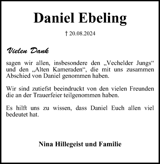 Traueranzeige von Daniel Ebeling von Peiner Nachrichten