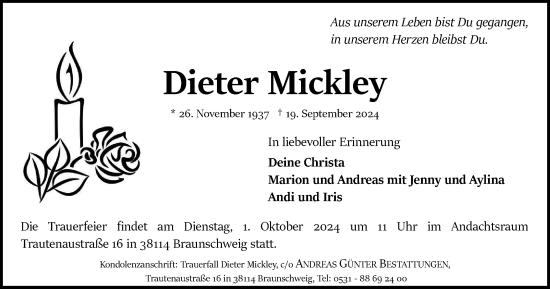 Traueranzeige von Dieter Mickley von Braunschweiger Zeitung
