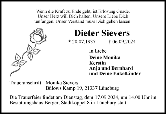 Traueranzeige von Dieter Sievers von Braunschweiger Zeitung