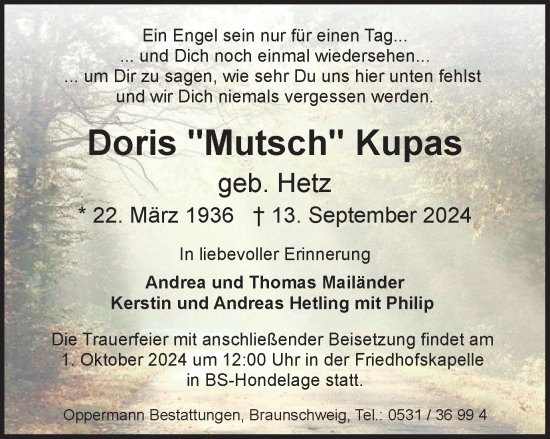 Traueranzeige von Doris Kupas von Braunschweiger Zeitung