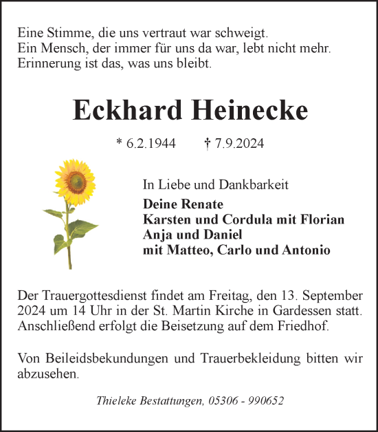 Traueranzeige von Eckhard Heinecke von Wolfenbütteler Zeitung