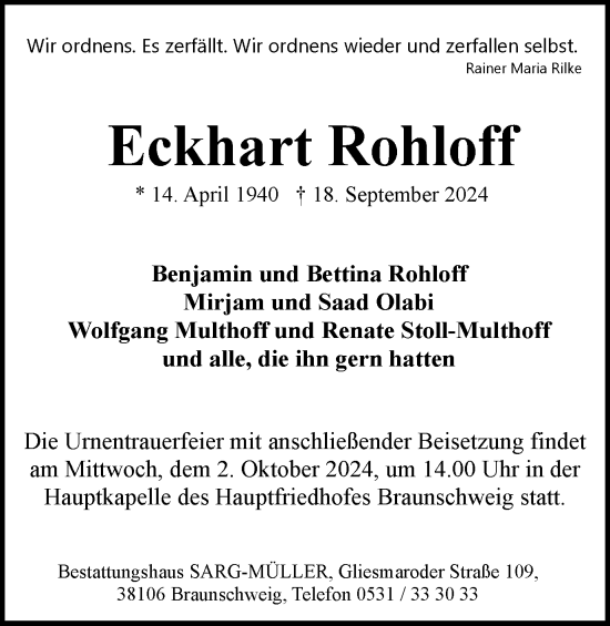 Traueranzeige von Eckhart Rohloff von Braunschweiger Zeitung