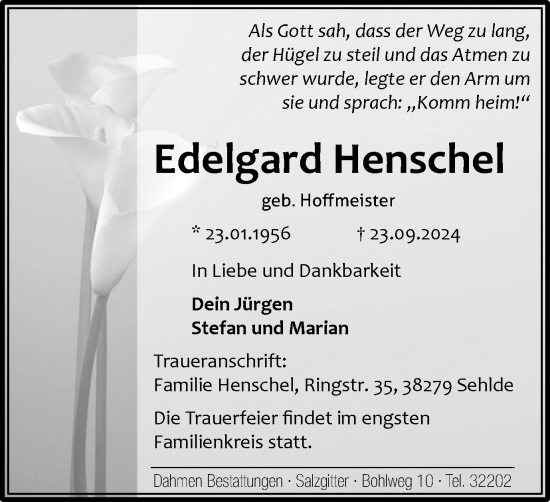 Traueranzeige von Edelgard Henschel von Salzgitter-Zeitung