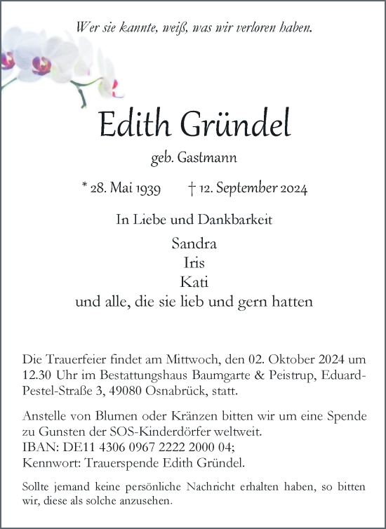 Traueranzeige von Edith Gründel von Helmstedter Nachrichten