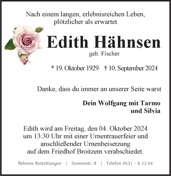 Traueranzeige von Edith Hähnsen von Braunschweiger Zeitung