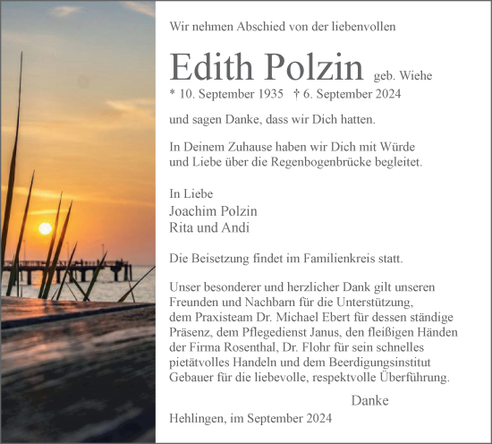 Traueranzeige von Edith Polzin von Wolfsburger Nachrichten