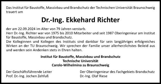 Traueranzeige von Ekkehard Richter von Braunschweiger Zeitung