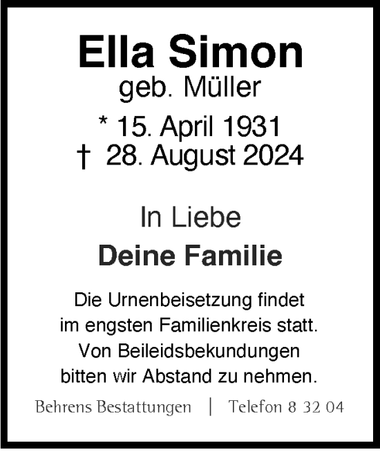 Traueranzeige von Ella Simon von Braunschweiger Zeitung