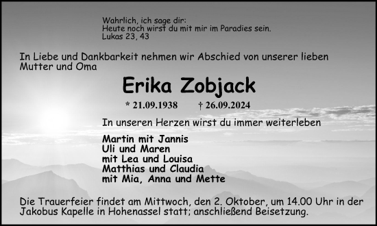 Traueranzeige von Erika Zobjack von Salzgitter-Zeitung