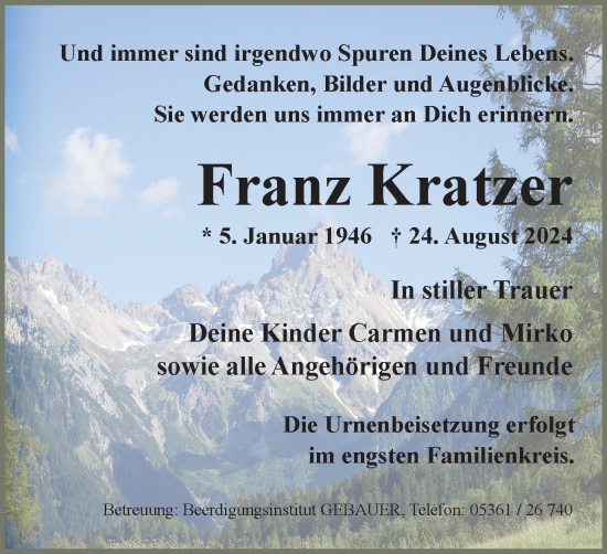 Traueranzeige von Franz Kratzer von Wolfsburger Nachrichten