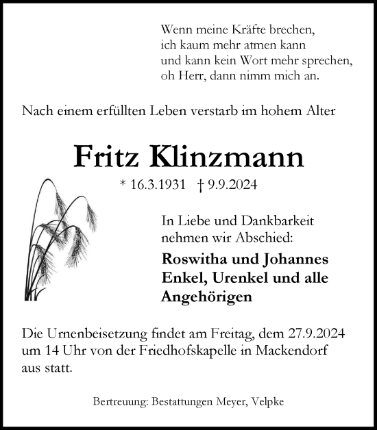 Traueranzeige von Fritz Klinzmann von Helmstedter Nachrichten