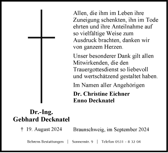 Traueranzeige von Gebhard Decknatel von Braunschweiger Zeitung