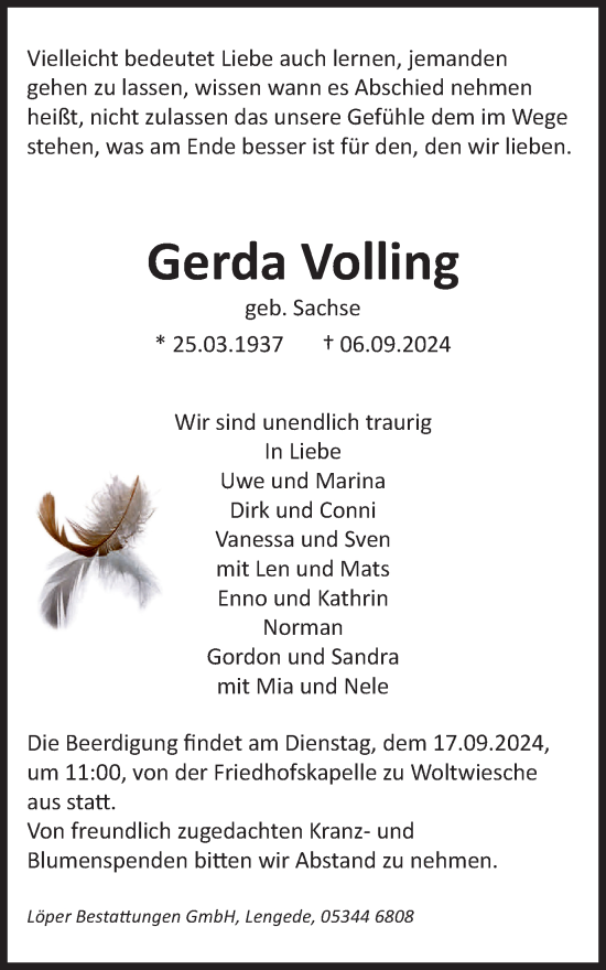 Traueranzeige von Gerda Volling von Peiner Nachrichten