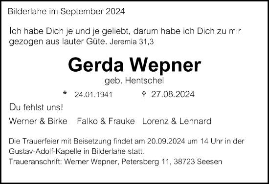 Traueranzeige von Gerda Wepner von Wolfenbütteler Zeitung