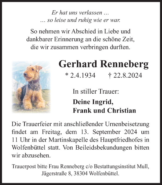 Traueranzeige von Gerhard Renneberg von Wolfenbütteler Zeitung