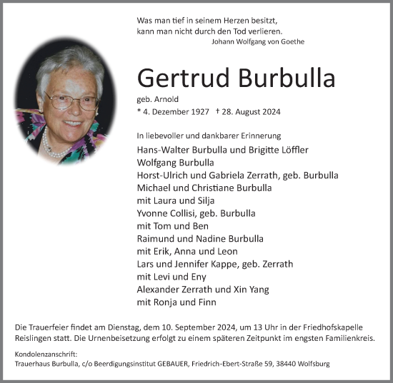 Traueranzeige von Gertrud Burbulla von Wolfsburger Nachrichten