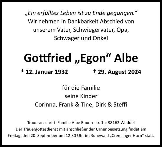 Traueranzeige von Gottfried  Albe von Braunschweiger Zeitung
