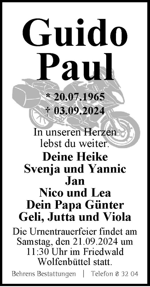 Traueranzeige von Guido Paul von Braunschweiger Zeitung