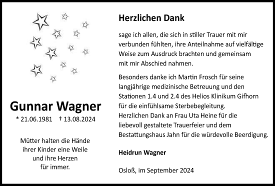 Traueranzeige von Gunnar Wagner von Wolfsburger Nachrichten