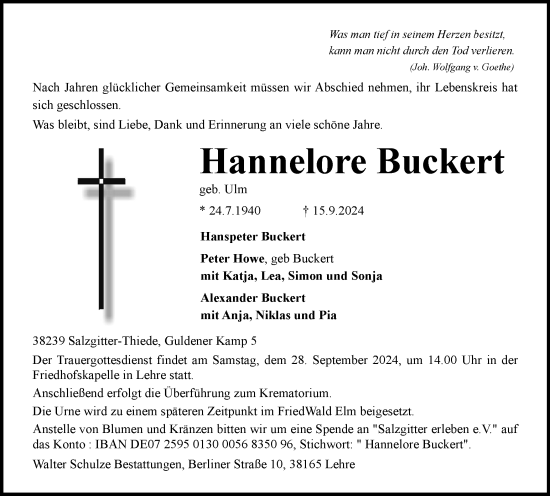 Traueranzeige von Hannelore Buckert von Braunschweiger Zeitung