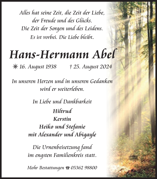 Traueranzeige von Hans-Hermann Abel von Wolfsburger Nachrichten