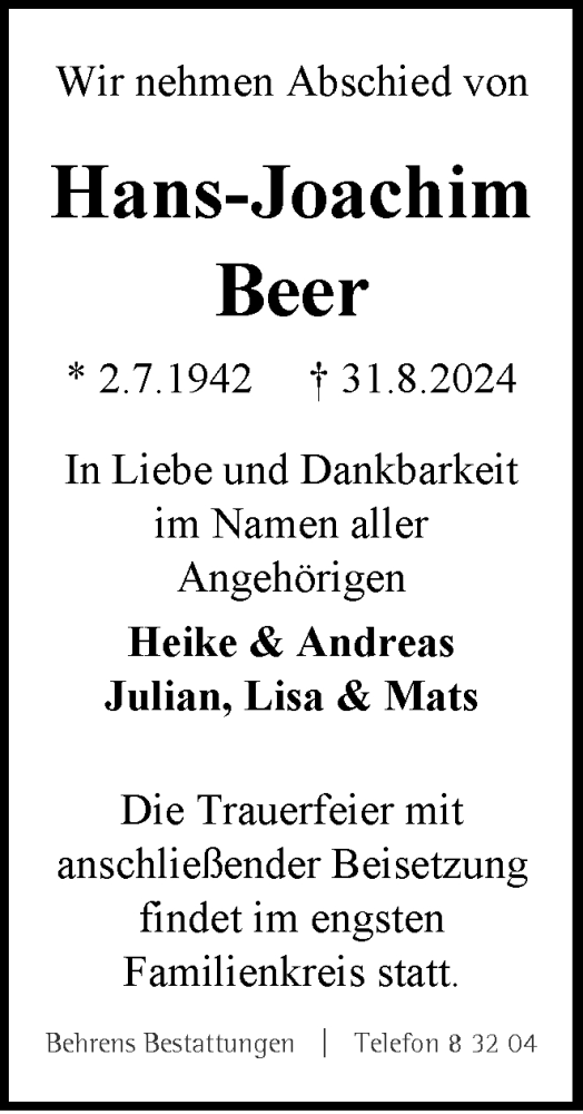 Traueranzeige von Hans-Joachim Beer von Braunschweiger Zeitung
