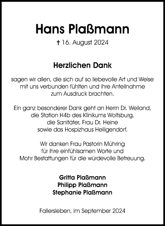 Traueranzeige von Hans Plaßmann von Wolfsburger Nachrichten