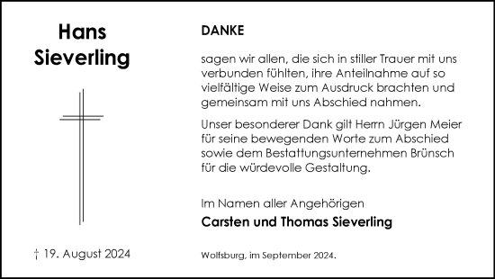 Traueranzeige von Hans Sieverling von Wolfsburger Nachrichten
