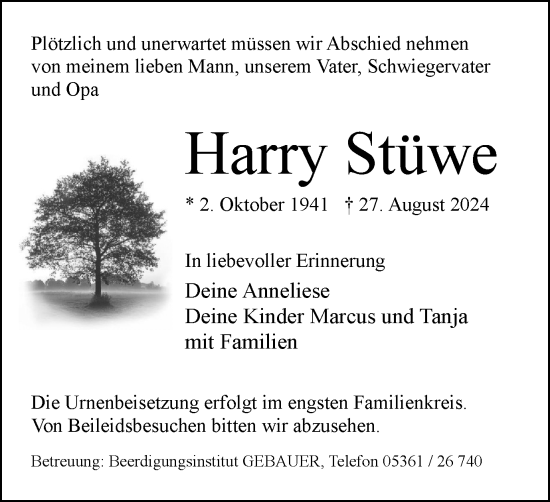 Traueranzeige von Harry Stüwe von Wolfsburger Nachrichten