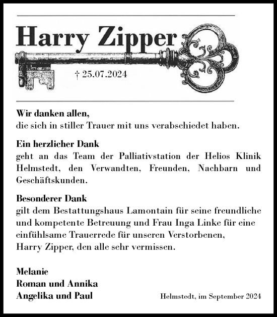 Traueranzeige von Harry Zipper von Helmstedter Nachrichten