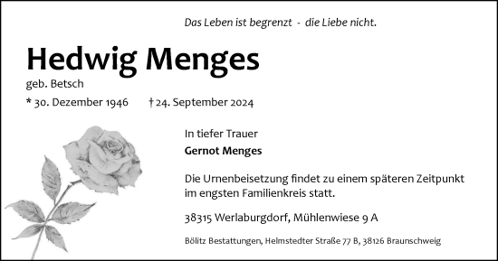 Traueranzeige von Hedwig Menges von Braunschweiger Zeitung