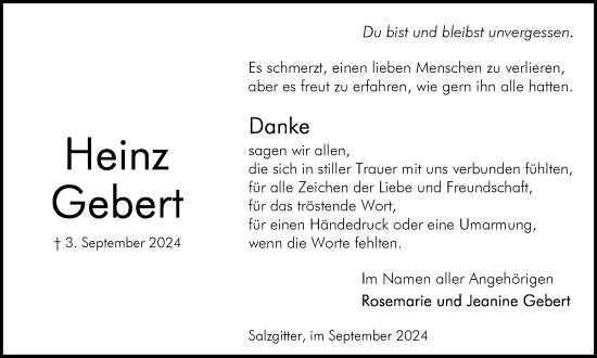 Traueranzeige von Heinz Gebert von Braunschweiger Zeitung, Salzgitter-Zeitung