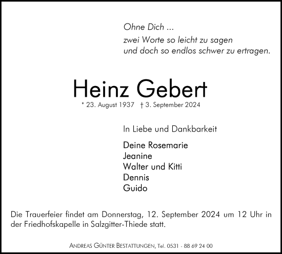Traueranzeige von Heinz Gebert von Braunschweiger Zeitung, Salzgitter-Zeitung
