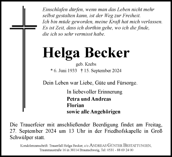 Traueranzeige von Helga Becker von Braunschweiger Zeitung