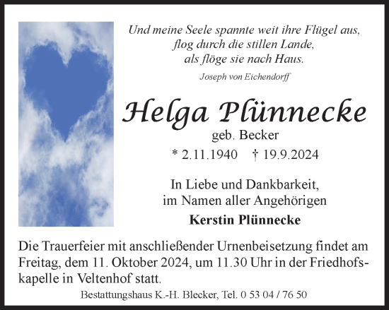 Traueranzeige von Helga Plünnecke von Braunschweiger Zeitung