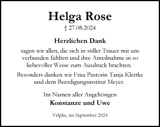 Traueranzeige von Helga Rose von Helmstedter Nachrichten