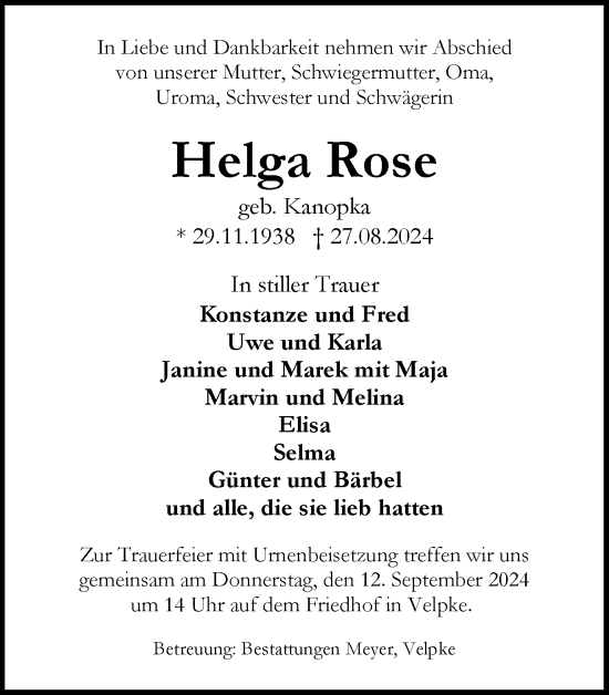 Traueranzeige von Helga Rose von Helmstedter Nachrichten