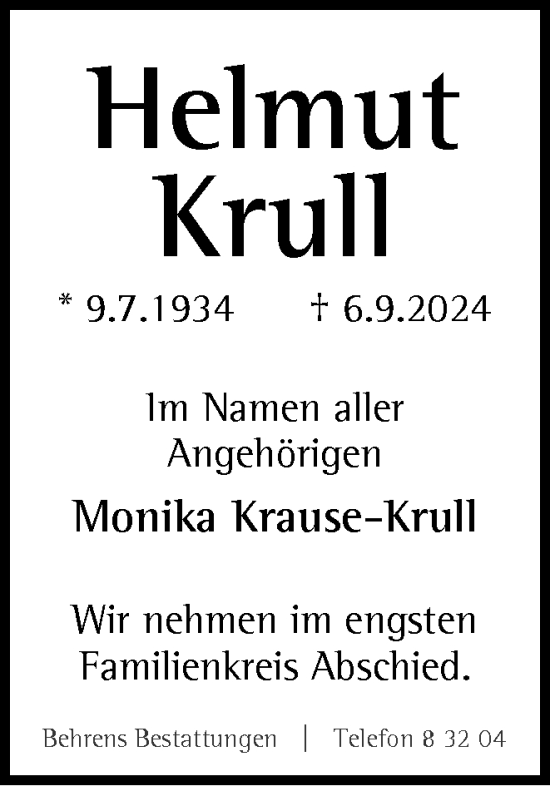 Traueranzeige von Helmut Krull von Braunschweiger Zeitung
