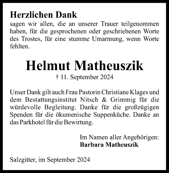 Traueranzeige von Helmut Matheuszik von Wolfenbütteler Zeitung