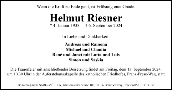 Traueranzeige von Helmut Riesner von Braunschweiger Zeitung
