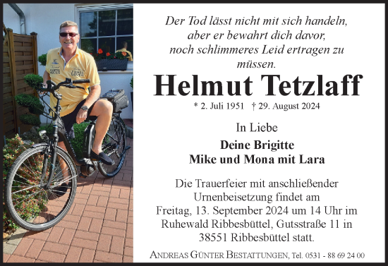 Traueranzeige von Helmut Tetzlaff von Braunschweiger Zeitung