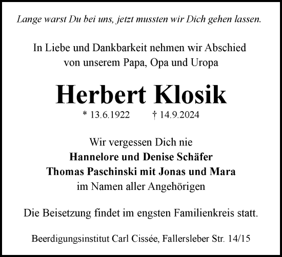 Traueranzeige von Herbert Klosik von Braunschweiger Zeitung