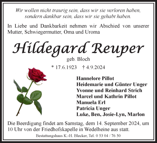 Traueranzeige von Hildegard Reuper von Braunschweiger Zeitung