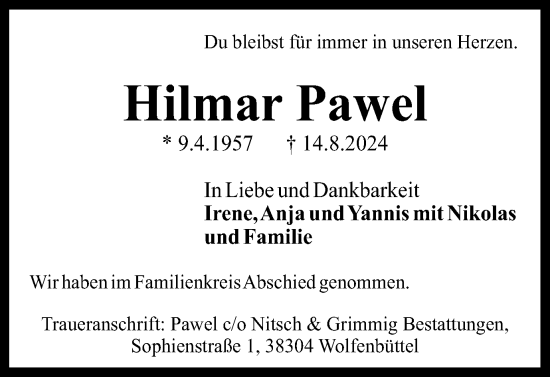 Traueranzeige von Hilmar Pawel von Wolfenbütteler Zeitung