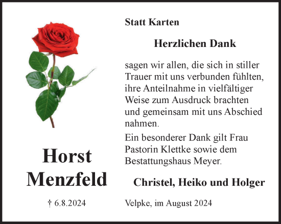 Traueranzeige von Horst Menzfeld von Wolfsburger Nachrichten